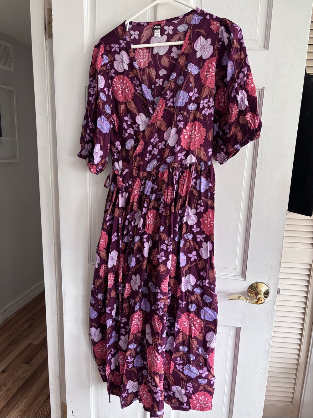 Tea Collection Floral Midi Wrap Dress in Plum with Lavender & Coral Blooms